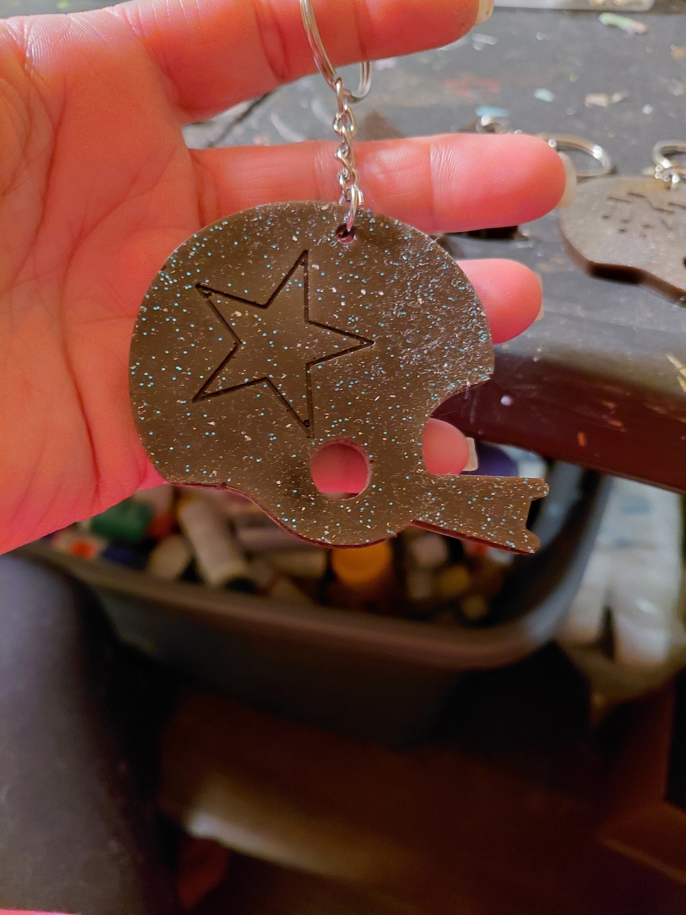 Glitter Black Football Helmet Keychain - Star Design